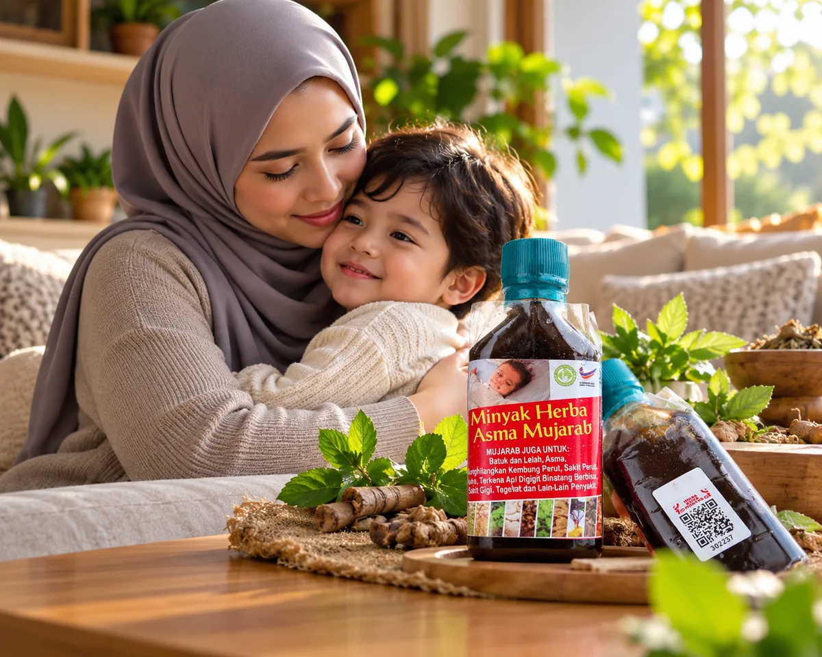 Ibu bersama anak dengan produk Minyak Herba Asma Mujarab Original